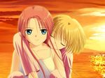  air artist_request blonde_hair blue_eyes carrying closed_eyes collarbone kamio_haruko kamio_misuzu long_hair long_sleeves multiple_girls piggyback pink_hair sad short_hair smile sunset tears upper_body water 