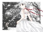  artist_request choker copyright_request dress frilled_dress frills looking_back red_eyes ribbon ribbon_choker skirt_basket snow snowing solo spot_color tree wallpaper white white_hair 