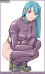  aerisdies belt blue_hair blush breasts champ+ chaps cropped_jacket gloves kneeling kula_diamond large_breasts long_hair midriff no_panties purple_eyes red_eyes smile snk solo squatting the_king_of_fighters thighhighs watermark web_address 