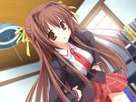  bra-ban! brown_hair game_cg hair_ribbon hands_on_hips kobuichi leaning long_hair long_sleeves looking_at_viewer nakanoshima_tae red_eyes ribbon school_uniform solo tareme thighhighs zettai_ryouiki 