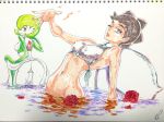  2girls arched_back arm_up artist_name ass bangs bare_shoulders bikini blue_eyes breasts brown_hair carnet_(pokemon) creatures_(company) erect_nipples female fingernails flower from_behind game_freak gardevoir gen_3_pokemon green_hair green_skin hair_over_one_eye half-closed_eye leaning_back looking_at_viewer looking_back multiple_girls navel nintendo no_nipples no_pussy one_eye_closed open_mouth partially_submerged pokemon pokemon_(creature) red_eyes red_flower red_rose rose shiny shiny_skin short_hair signature simple_background small_breasts standing swimsuit teeth traditional_media two-tone_skin wading water wet white_background white_bikini white_skin wink yuumikuchi 