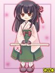  asura_fantasy_online black_hair brown_eyes chibi hair_ribbon japanese_clothes kuga_tsukasa long_hair long_sleeves lowres omc ribbon solo 