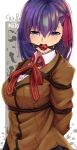  1girl arms_behind_back ball_gag bdsm bondage bound bound_arms bow breasts brown_jacket character_name fate/stay_night fate_(series) gag gagged hair_ribbon highres homurahara_academy_uniform jacket large_breasts matou_sakura purple_hair ribbon rope saliva shunga_(shun608) 