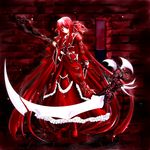 boots copyright_request dress frills hair_ribbon hisame_shizuki long_hair long_sleeves red red_dress red_eyes red_footwear red_hair ribbon scythe solo very_long_hair weapon 