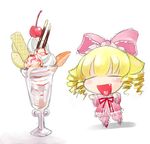  artist_request blonde_hair bloomers bow cherry chibi closed_eyes food fruit full_body hair_bow happy hina_ichigo ice_cream long_sleeves minigirl no_nose open_mouth parfait pink_bow pink_shirt pocky rozen_maiden shirt short_hair sketch solo standing underwear wafer white_background 