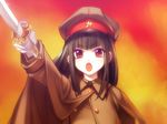  black_hair game_cg gloves guntou hanachirasu hat imperial_japanese_army ishima_kaigen japan katana long_hair long_sleeves oosaki_shin'ya open_mouth peaked_cap red_eyes solo sword weapon world_war_ii 