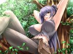  against_tree armpits arms_behind_head bag belt blue_hair breasts camisole covered_nipples crossed_legs day front-tie_top game_cg hair_over_one_eye hair_ribbon huge_breasts in_tree leaf lipstick long_hair makeup mature midriff nature no_bra ogushi_yuniko outdoors pants ponytail reclining ribbon sano_toshihide satchel shichinin_no_online_gamers sitting sitting_in_tree smile solo tree very_long_hair yellow_eyes 