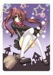  aloe_(quiz_magic_academy) animal_ears black_dress bow bowtie broom broom_riding brown_eyes brown_hair cat_ears dress leaning_back long_hair long_sleeves mary_janes panties pantyshot pantyshot_(sitting) quiz_magic_academy shoes sitting solo star thighhighs twintails underwear white_legwear white_panties witch yukiwo 