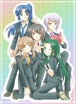  603_(lolipop) asahina_mikuru asakura_ryouko formal long_sleeves multiple_girls nagato_yuki pant_suit rainbow_background suit suzumiya_haruhi suzumiya_haruhi_no_yuuutsu tsuruya 