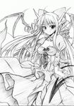  bat_wings breasts demon_girl gothic greyscale horns long_hair ma_ga_ochiru_yoru medium_breasts monochrome pointy_ears ribbon sankaku_umako sheliss_elleness_zurbach solo succubus tail wings 