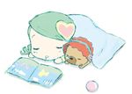  artist_request bonnet book chibi closed_eyes doll from_above green_hair hair_ornament heart heart_hair_ornament kanaria long_sleeves rozen_maiden short_hair simple_background sleeping solo stuffed_animal stuffed_dog stuffed_toy white_background 