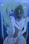  ass back bad_proportions blue_eyes breast_press breasts evil_grin evil_smile green_hair grin highres higurashi_no_naku_koro_ni hug incest large_breasts long_hair looking_back megami multiple_girls naughty_face non-web_source nude numata_seiya official_art scan siblings sideboob sisters smile smirk sonozaki_mion sonozaki_shion symmetrical_docking tattoo twincest twins very_long_hair yuri 