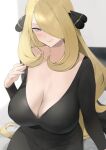  black_dress blonde_hair breasts cleavage closed_mouth collarbone commentary cynthia_(pokemon) dress fingernails grey_eyes hair_ornament hair_over_one_eye ikuchan_kaoru large_breasts long_hair long_sleeves looking_at_viewer pokemon pokemon_(game) pokemon_dppt revision smile 