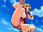  artist_request breasts kneehighs large_breasts long_sleeves miyauchi_lemmy orange_legwear panties pantyshot purple_panties school_uniform solo striped striped_legwear striped_panties to_heart underwear 