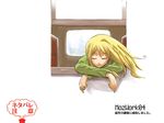  blonde_hair blush closed_eyes crossed_arms facing_viewer fuyuwa_kotatsu higurashi_no_naku_koro_ni long_hair long_sleeves looking_out_window ponytail seat smile solo takano_miyo through_window train_interior watermark white_background wind 