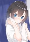  1girl bangs blue_eyes blush brown_hair closed_mouth collarbone commentary_request eyebrows_visible_through_hair hair_between_eyes hands_up head_tilt highres looking_at_viewer original shirt short_sleeves solo suzunari_shizuku towel towel_around_neck upper_body white_shirt yuki_arare 