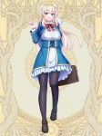  1girl alec-gdlk bangs black_footwear black_legwear blonde_hair blue_eyes blue_jacket blue_skirt bow breasts center_frills copyright_request dairoku_youhei eyebrows_visible_through_hair frills full_body hair_between_eyes hair_bow hand_up high-waist_skirt jacket loafers long_hair long_sleeves medium_breasts official_art open_clothes open_jacket pantyhose parted_lips red_bow school_briefcase shirt shoes skirt smile solo standing standing_on_one_leg very_long_hair white_bow white_shirt 