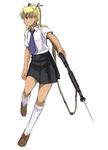  bayonet blonde_hair blue_eyes dark_skin dress_shirt full_body gun gunslinger_girl hair_ornament kneehighs left-handed long_hair miniskirt necktie pleated_skirt pump_action shirt shoes shotgun simple_background skirt solo triela twintails weapon white_legwear winchester_model_1897 yu_65026 