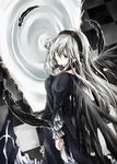  feathers kurokoeda long_hair long_sleeves pale_skin rozen_maiden silver_hair solo suigintou wings 