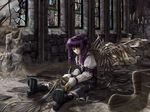  android boots cable church fred_gallagher gothic_lolita hair_ribbon junk kristen_perry lolita_fashion long_sleeves mechanical_wings megatokyo pew purple_hair ribbon ruins sitting solo stained_glass striped touya_miho trash window wings yellow_eyes 