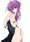  ass between_breasts blue_eyes breasts chikage_(sister_princess) cross cross_necklace dress hand_between_breasts jewelry kusaka_souji latin_cross looking_at_viewer medium_breasts necklace nipples purple_hair simple_background sister_princess solo white_background 
