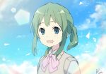  1girl :d absurdres bangs blue_eyes blue_sky blush bow cloud collared_shirt commentary_request day eyebrows_visible_through_hair green_hair gumi highres hoshizaki_reita long_hair looking_at_viewer open_mouth outdoors pink_bow ponytail shirt sidelocks signature sky smile solo sweater_vest upper_body vocaloid white_shirt 