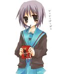  black_eyes blue_sailor_collar food kita_high_school_uniform long_sleeves mouth_hold nagato_yuki pocky purple_hair sailor_collar school_uniform serafuku short_hair solo suzumiya_haruhi_no_yuuutsu suzushiro_kurumi 