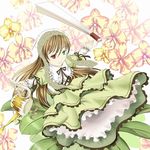 artist_request dress fan flower harisen heterochromia leaf long_hair long_sleeves rozen_maiden smile solo suiseiseki watering_can 