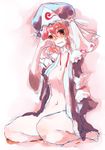  barefoot blush hat kneeling long_sleeves nokishita open_clothes open_robe robe saigyouji_yuyuko sketch sleepy solo touhou triangular_headpiece 