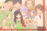  6+girls akasaka_mamoru black_hair blonde_hair blue_eyes blush brown_eyes brown_hair dress everyone furude_rika green_eyes green_hair green_skirt hanyuu happy higurashi_no_naku_koro_ni horns houjou_satoko irie_kyousuke japanese_clothes maebara_keiichi miko multiple_boys multiple_girls one_eye_closed purple_hair red_eyes ryuuguu_rena school_uniform siblings sisters skirt sonozaki_mion sonozaki_shion suzushiro_kurumi takano_miyo tomitake_jirou twins 