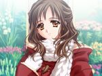  brown_eyes brown_hair carnelian character_request coat flower gloves half_updo light_smile long_hair long_sleeves looking_at_viewer messiah_(game) scarf smile solo upper_body white_gloves white_scarf yellow_eyes 