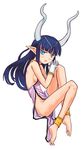  anklet barefoot blue_eyes blue_hair daizan_(mount_position) full_body gloves hathor_(megami_tensei) horns jewelry megami_tensei no_bra no_panties petite pointy_ears simple_background smirk solo 