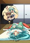  1girl barefoot blush closed_eyes crossdressing dreaming femdom fujitaka_(akasora) fusuma futon green_hair higurashi_no_naku_koro_ni long_hair long_sleeves lying maebara_keiichi maid_headdress no_nose on_back open_mouth pajamas pillow pillow_hug rectangular_mouth sleeping sliding_doors sonozaki_mion striped striped_pajamas tatami upside-down 