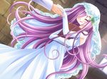  cross_world dress elbow_gloves game_cg gloves purple_hair ren_ralpha_arcier sakurazawa_izumi solo spoilers wedding_dress 