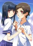  blue_hair blush konno_makoto konno_miyuki multiple_girls school_uniform siblings sisters takatou_suzunosuke toki_wo_kakeru_shoujo 