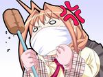  ahoge anger_vein angry aojiru braid brown_hair clenched_hand game_cg hagio_himawari hanamaru! long_hair long_sleeves mask plaid school_uniform solo surgical_mask twin_braids 