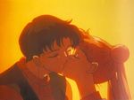  1girl 90s backlighting bishoujo_senshi_sailor_moon chiba_mamoru closed_eyes couple double_bun hetero kiss screencap sunlight sunset tsukino_usagi twintails 