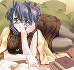  black_hair book bracelet breasts bug butterfly carnelian chin_rest ena_(quilt) glasses hair_up insect jewelry large_breasts leaf lying mature pantyhose purple_eyes quilt_(game) smile solo 