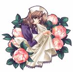  apron bangs brown_hair buttons carnelian flower from_side green_eyes hand_to_own_mouth harukawa_tomomi highres kao_no_nai_tsuki lace long_sleeves maid parted_bangs peony_(flower) smile solo 