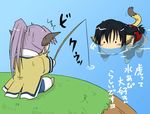  animal_ears blush chibi fishing head_wings karura_(utawareru_mono) kurotani_kyoukutsu long_hair long_sleeves lowres multiple_girls partially_submerged ponytail purple_hair sweatdrop swimming tail touka_(utawareru_mono) translated utawareru_mono 