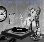  album_cover artist_request ashtray cigarette clipboard clock cover donald_fagen greyscale long_sleeves microphone microphone_stand monochrome necktie original parody phonograph radio_booth solo turntable 