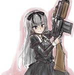  black_lagoon gothic_lolita gretel_(black_lagoon) grey_hair gun lolita_fashion long_sleeves osakana_(denpa_yun'yun) rifle smile solo weapon 