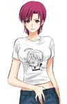 artoria_pendragon_(all) bazett_fraga_mcremitz breasts earrings fate/hollow_ataraxia fate/stay_night fate_(series) jewelry medium_breasts pants red_eyes red_hair saber shirt short_hair smile solo t-shirt toshibou_(satsukisou) 