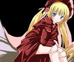  artist_request blonde_hair blue_eyes blush bonnet doll doll_joints dress flower frown long_hair long_sleeves red_dress rose rozen_maiden shinku sidelocks solo twintails very_long_hair wavy_mouth 