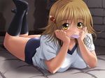  ass blonde_hair blush breasts buruma condom condom_in_mouth copyright_request gym_storeroom gym_uniform hair_bobbles hair_ornament kneehighs large_breasts lying mat mouth_hold shadow shinozuka_jouji short_hair socks solo thighhighs yellow_eyes 