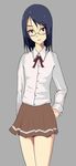  black_hair blouse brown_eyes brown_skirt cowboy_shot glasses grey_background long_sleeves looking_at_viewer original school_uniform shirt short_hair skirt smile solo white_shirt yu_(artist) 