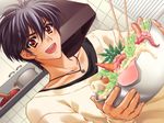  bad_food black_hair brown_eyes carnelian carrot failure food frying_pan game_cg happy jewelry kitchen long_sleeves male_focus messiah_(game) necklace octopus pot sasamori_ryouta sausage solo 