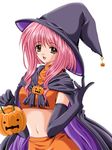  :d black_gloves brown_eyes cape clover_(game_cg) crop_top elbow_gloves gloves halloween hat holding jack-o'-lantern looking_at_viewer midriff navel nishimata_aoi open_mouth pink_hair pumpkin simple_background smile solo white_background witch witch_hat 