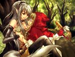  animal_ears big_bad_wolf_(grimm) blonde_hair blue_eyes blush braid elbow_gloves flower gloves grey_hair grimm's_fairy_tales highres lips little_red_riding_hood little_red_riding_hood_(grimm) long_hair multiple_girls red_eyes sakura_shio tail thighhighs wolf_ears wolf_tail yuri 