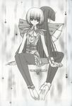  armor ascot back-to-back bangs blunt_bangs carnelian closed_eyes copyright_request dress greyscale highres long_hair monochrome multiple_girls pantyhose shoulder_pads sitting very_long_hair wrist_cuffs 